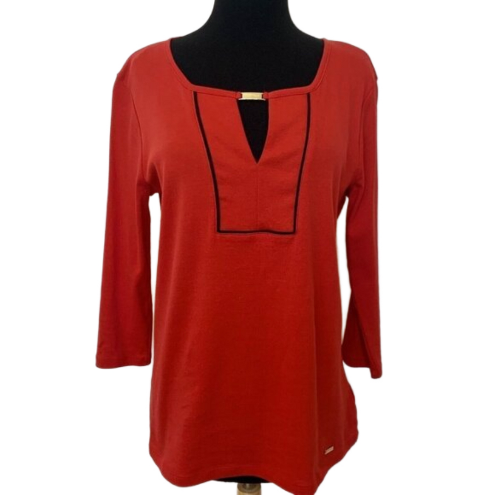 Ellen Tracy tunic top SZ LG Red ¾ sleeve blouse with keyhole neckline Cotton